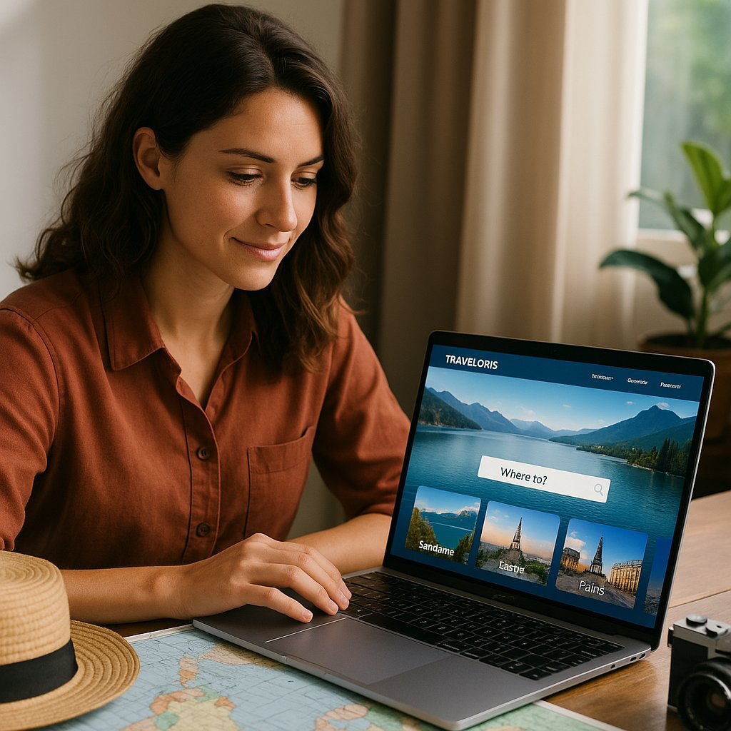 Traveler planning routes on a laptop